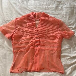 True vintage Lee Mar of California Coral Pleated Sheer Short-Sleeve Blouse
